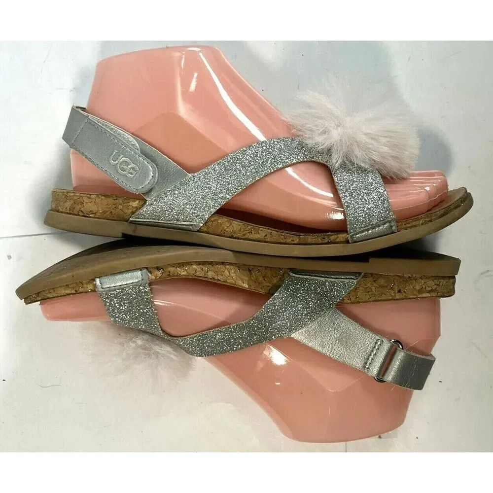 UGG Girls Pink Faux Fur Pom Pom Sandals Size 5 Fonda‎ Glitter Pink Silver